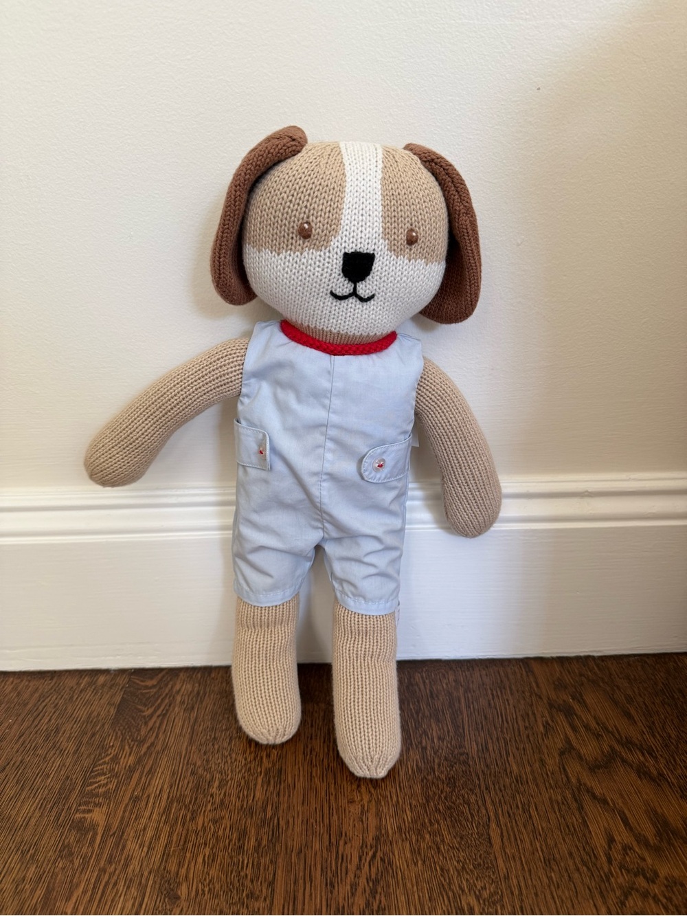 NEW Zubels Hand-Knit Beige & Brown Puppy Dog Plush in Light Blue Overalls